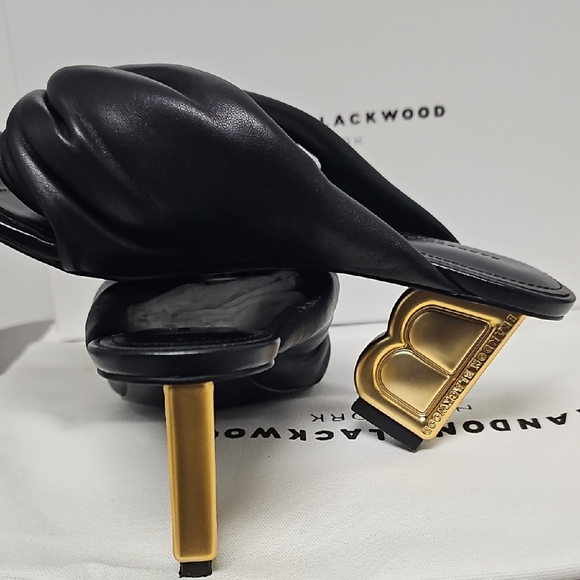 Brandon Blackwood Black Leather Knotted Mule Sandals with Gold B-Heel - Picture 5 of 15